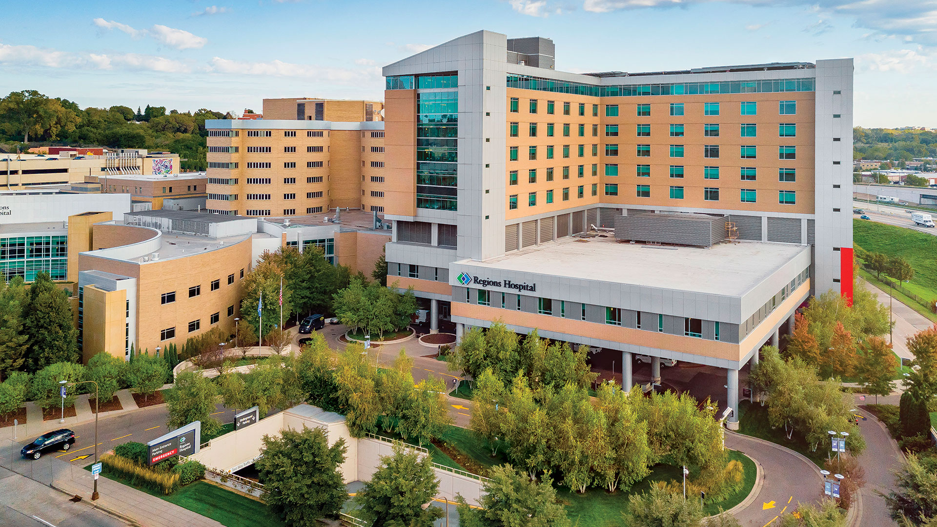  A landscape shot of the front of Regions Hospital.