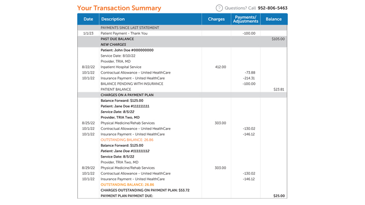 An example of the transaction summary section on your bill. This includes dates of transactions, descriptions of the services, charges, price adjustments, and balances. 