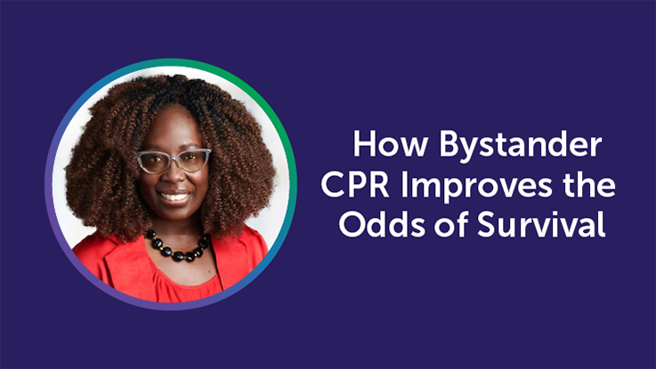 Image of Dr. Sylvia Owusu-Ansah with the episode title, "How Bystander CPR Improves the Odds of Survival"